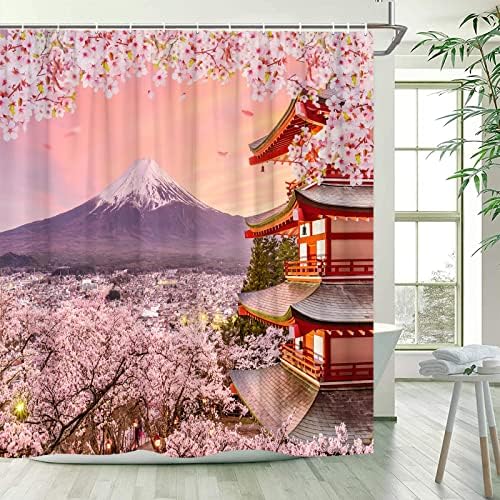 Планинска Завеса За Туширање Вирмкт Јапонски Цвет Од Цреша Планина Фуџи Природен Пејзаж Розов Цвет Зајдисонце Романтичен Рустикален Декор