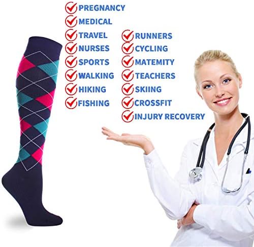 Двоен пар 6 пара компресија чорапи жени мажи 20-30 ммхг колена со висока компресија за атлетски лет