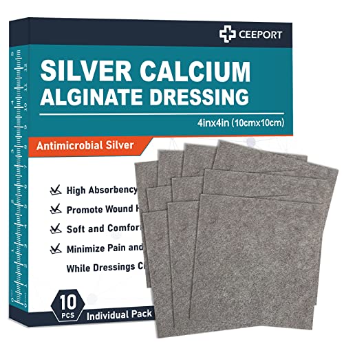 Ceeport AG Silver Calium Alginate Подложни за облекување на рани, закрпи од 4''x4 ', 10 индивидуални пакувања, меки сребрени преливи за нега