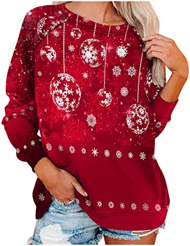 Џемпер за жени Божиќни ирваси Снежен човек со долг ракав екипа на вратот на вратот, маичка од празникот бејзбол Божиќни врвови