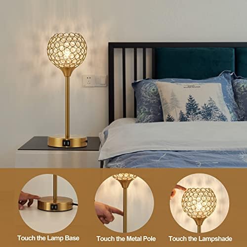 DFL Crystal Touch Control Table Lamp, златен сферичен 3-насочен затемнет модерна ламба во кревет со 2 USB порта за полнење ноќна