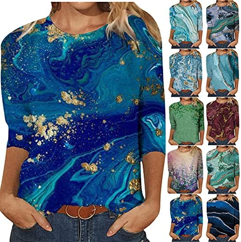 Женски обични 3/4 долги ракави врвови Неправилна вратоврска боја во боја блок во боја, печатење џемпер, екипаж моден пулвер блуза, блуза