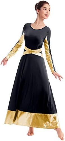 Металик злато во боја блок пофалба Литургиска лирска танцувачка облека за женски вкрстен танцување лабава целосна облека со долг ракав