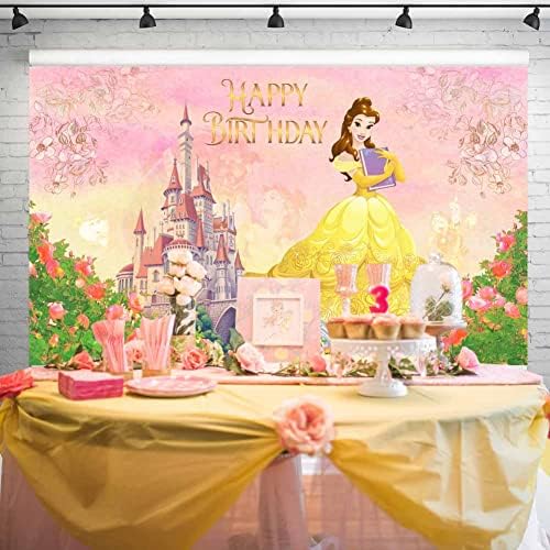 Заднината на принцезата Бел за роденденска забава Акварел рози цвет замок розова жолта позадина убавина и beвер тема банер