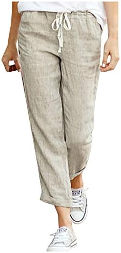 Kitimimeенски памучен постелнина панталони цврсти еластични половини глуждови каприс панталони летни модни салон панталони со џебови