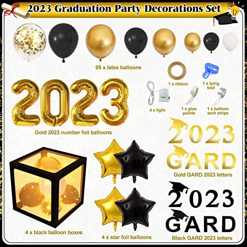 Класа На Украси за дипломирање од 2023 година, 4 парчиња Балонски Кутии Со Балони Со Црна Златна Ѕвезда Од Фолија ГРАД 2023 Писма За Дипломирање