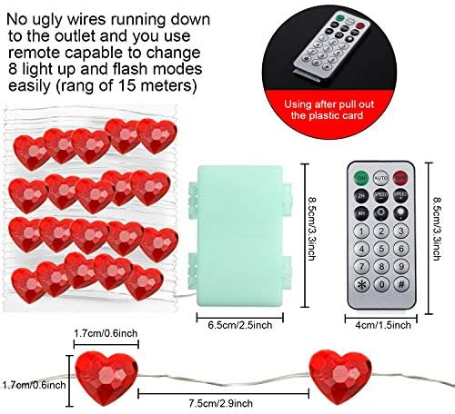 Светло за црвено срце, црвено срце, 10ft 40 LED Денот на вineубените, декорација самовила, батерии батерија со 12 режими, далечински