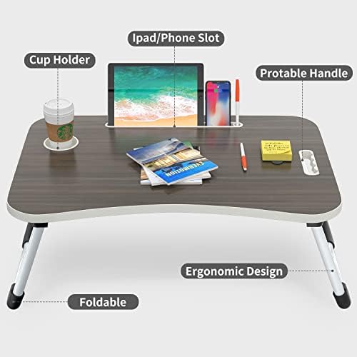 Купете биро за склопување на скут, 23,6 инчи преносно дрво црно лаптоп кревет скут со биро со држач за чаши, за работа за читање,