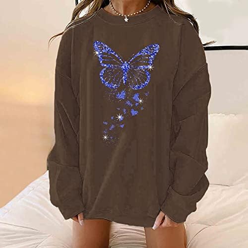 Beuu жени Обични маици за печатење на пеперутка, екипаж, лабави џемпери удобни долги ракави пулвер блузи врвови џемпери