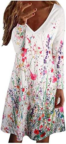 Есенски фустани за жени 2023 година со долг ракав против вратот маица фустан цветна принт трендовски случајна удобна мека мини фустан