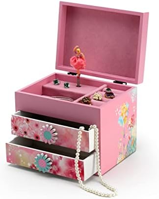 Розова дрвена цветна тема 18 белешка за балерина музичка кутија - многу песни што треба да се изберат - фасцинацијата