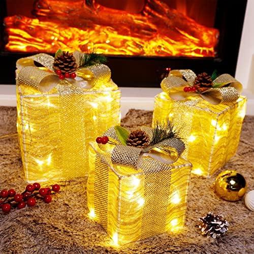 Atdawn сет од 3 осветлени кутии за подароци Божиќни украси, сребрен лак пред осветлените кутии, украси за кутии за подароци за Божиќ