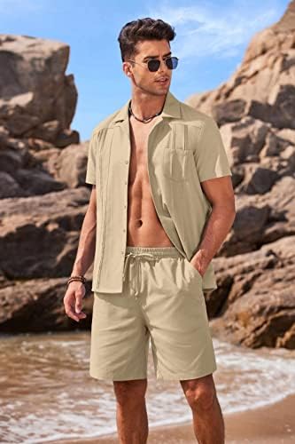 Постелнината за машки постелнина поставува 2 парчиња летни облеки со кратки ракави со кратки ракави надолу кошула и шорцеви поставени
