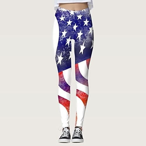 4 -ти јули високи хеланки на половината за жени со знаме на САД, кои работат со хеланки Ултра меко четкање со панталони за вежбање