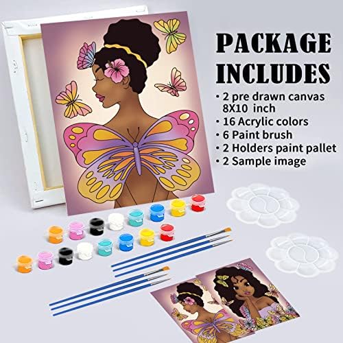 Комплет за сликање на платно од Оригах 2 пакувања, афро пеперутка девојка пред нацртана истегната платно комплет за сликање за деца DIY боја