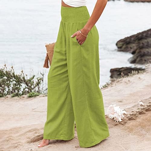 Памучни постелнини широки панталони за нозе за жени лето лето чиста боја широки панталони со џебови со палецо панталони со високи