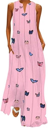 Боемски фустан за жени, жени гроздобер секојдневно секојдневен памук без ракав печатен цветен летен фустан