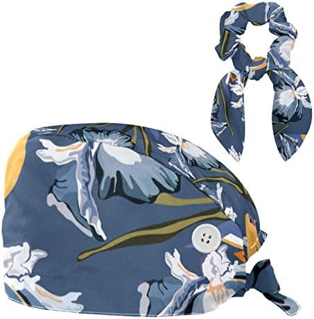 Womenенски и машки хируршко капаче со лак за коса, лушпи темно сини цветни птици кои работат капа со една големина