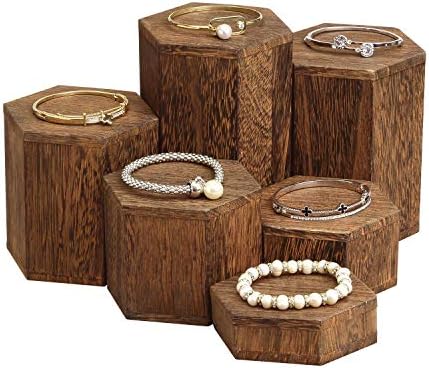 МООКА Дрвени 6 парчиња хексагон кревачи за приказ накит и додатоци за приказ, дрвени кревачи на екранот, кревачи на накит од дрва
