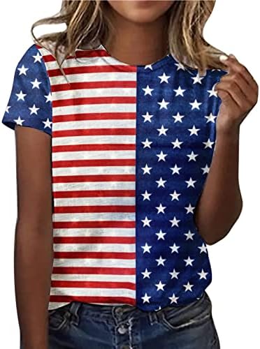 Женски 4 -ти јули врвови кратки ракави во САД со знаме на знамето starвездички маички со тркалезно вежбање на вратот Обични вежбаат основни кошули