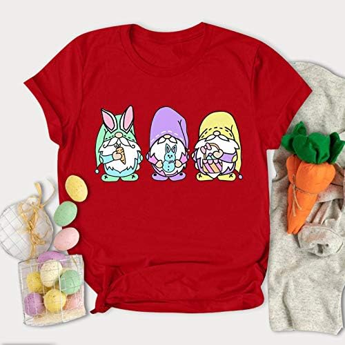 Смешна велигденска кошула жени слатки гноми зајаче јајца печатени маици лабави вклопени тркалезни врат кратки ракави за одмор на врвови