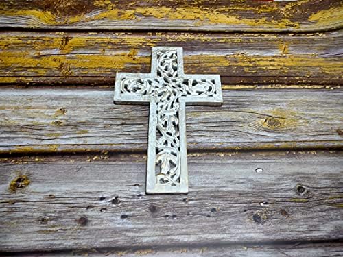 S.B.Arts Христијански дрвен wallиден крст рачно изработен антички дизајн француски плакета што виси wallид распетие со цветна резба што