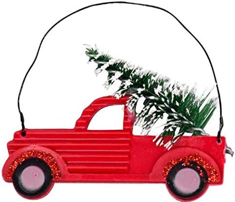 Декорации за одмор на излез на топки - висечки украс сет забавен мини црвен камион со дрво - Божиќни украси - гроздобер ретро црвен камион декор
