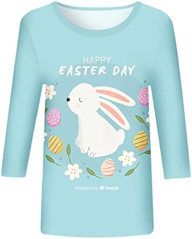 Велигденски кошули за жени плус големина 3/4 ракав екипаж на екипаж врвни симпатични зајаци јајца маица летни обични блузи