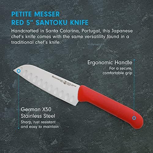Messermeister Petite Messer 5 ”Kullenschliff Santoku Nife, црвен - германски 1.4116 не'рѓосувачки челик и ергономска рачка - лесна, отпорна