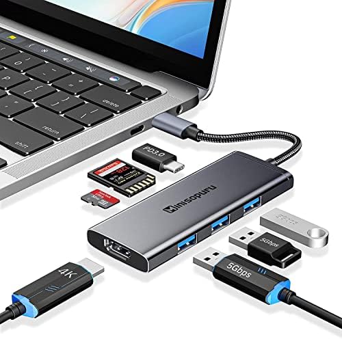 MINISOPURU USB C Центар, 7 IN1 Тип-C Центар За Лаптоп, USB C Мултипорт Адаптер СО 3XUSB 3.0,4K HDMI, 100w Полнење, SD/TF, USB C Dongle