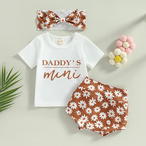 Новороденче ново девојче лето облека за летни облеки тато писмо со кратки ракави маица цветни цвеќиња шорцеви поставени 3 парчиња облека