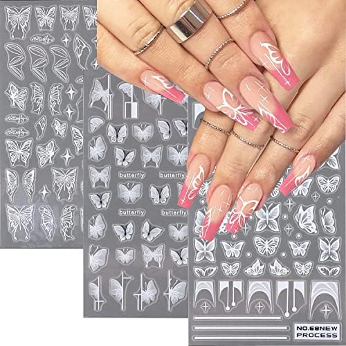 3 листови налепници за нокти на бела пеперутка 3Д самолепливи пролетни нокти декорации Транспарентен француски балет дизајн на