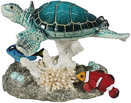 Удобен час 5 Полирезин морска желка и две риби на корална фигура за украсување на домови, повеќебојни, колекција на океански патувања