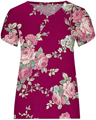 QCEMENI летни женски маички ливчиња со кратки ракави со кратки ракави против вратот на вратот трендовски цветни печатени кошула лето