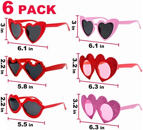 Umeelr 6 пакет пластични очила за очила за сонце, сет, фенси розови црвени очила во форма на срце, рефус, симпатични гроздобер очила во форма
