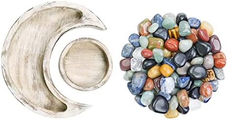 Држач за кристал на месечината рустикална дрвена месечина сад со тркалезна фиока и 1LB разновидни кристали испреплетени камења Масовно
