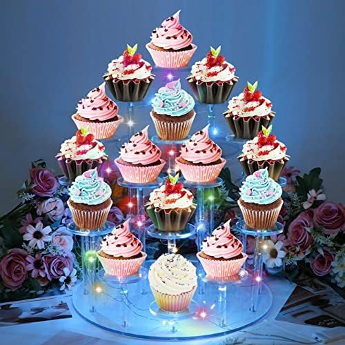 Штанд за кекс, 16 седишта акрилик држач за приказ на кекс, десерт кула со LED стринг светло, тестото за тесто за роденден/свадба/забава/туш