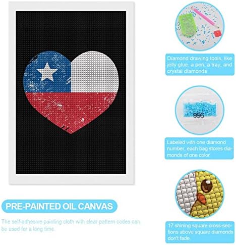 Чиле ретро срце во облик на знаме Декоративни комплети за сликање на дијаманти, смешни 5D DIY целосна вежба дијамантски точки слики дома декор
