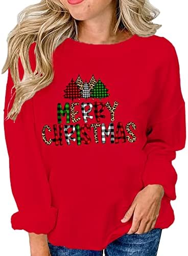 Среќни Божиќни џемпери женски гроздобер карирани дрвја печатат долги ракави врвови врвови преголеми лабави кошули од пад