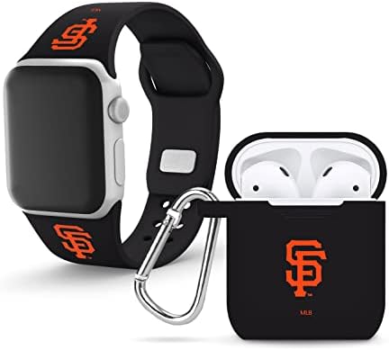 Време на играта Сан Франциско гиганти Силиконски спорт силиконски часовник за часовници и пакет со капаци на куќиште компатибилен со батеријата на Apple Watch и AirPods