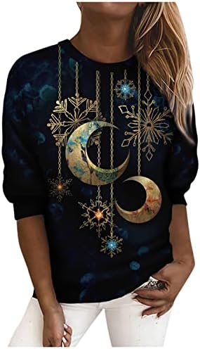 Нокмопо Божиќни џемпери за женски моден моден случај со долг ракав печати тркалезни џемпери за џемпери на врвни блузи