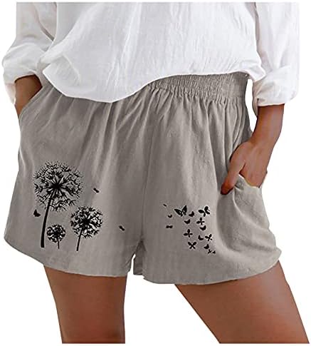 Honprad женски шорцеви за летни облеки плус големина печати лабава обични шорцеви панталони еластична половината памучна постелнина