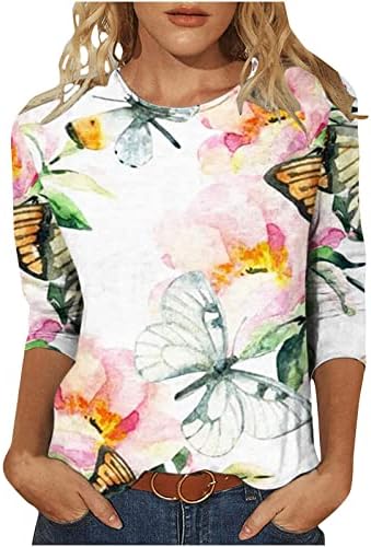 Неонски кошули со пеперутка за жени, лето со лето на екипажот од 3/4 ракави, тинејџерски девојки тенок фит маица фустани слатки