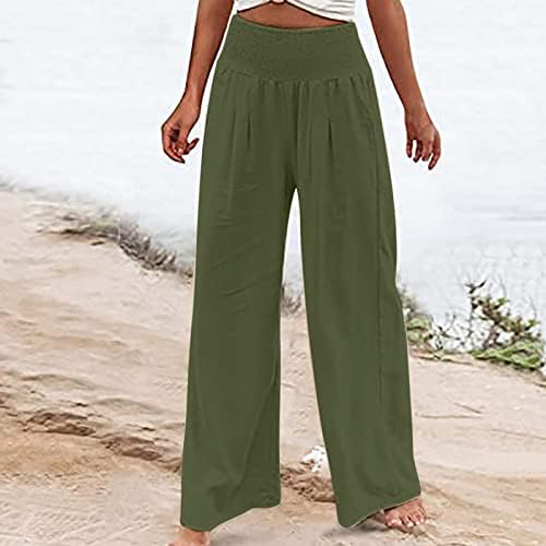 Yuzhih жени летни високи половини панталони памучни постелнини палацо панталони широки нозе долги дневни обични панталони со џеб