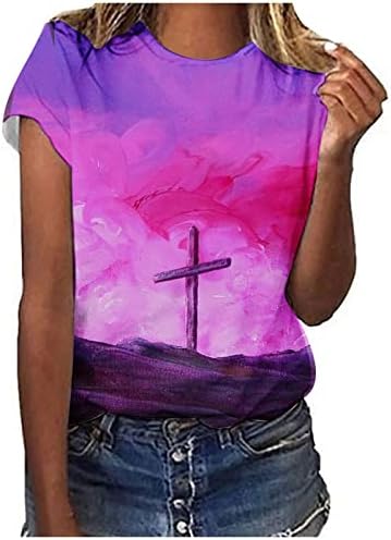 Зајдисонце крст графички маички со маици жени гроздобер летни врвови на кошула ракав екипаж обична маица Исус вкрстена вера врвови