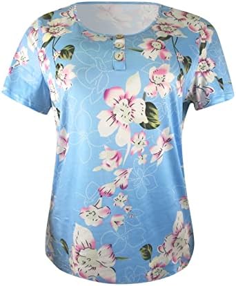 Женски маички со маици жени случајни не -позиционирање печатено копче ound вратот со кратки ракави на врвот на жените маици