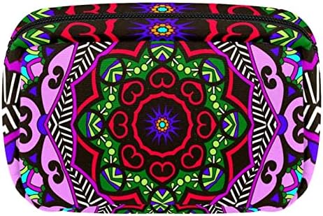 Чанта за шминка на униси, Гроздобер Племенски Мандала Цвет Круг Виолетова Шема Козметичка Торба Пренослива Торба Организатор На Патнички