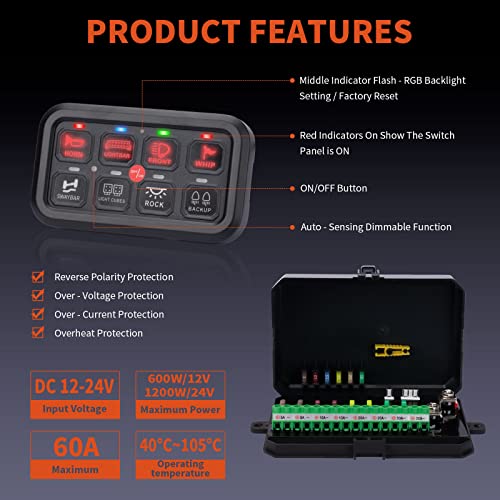 RGB 8 панел за прекинувач на банда, YCHow-Tech Dimmable Strobe Control Control Control Relay System Multifunction Toggle Switch Switch Pod Touch