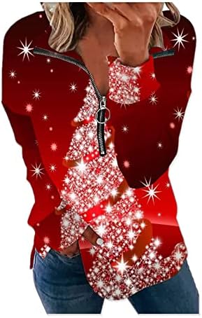Божиќ Хенли врвови за женски џемпери џемпери со долги ракави удобни пулвер снегулки за печатење на одмор половина патент кошула