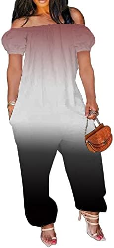 Womenенски плус големина скок со големина еластично една линија рамо во целост со џебниот случај на кратки ракави лабави ромци